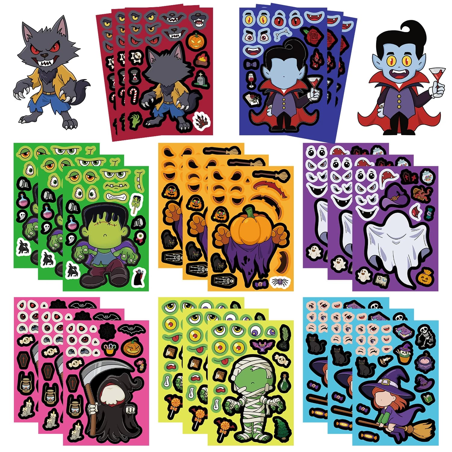 32 fogli Halloween Crea una faccia Puzzle Adesivo in PVC Bomboniere per bambini Regalo Giocattolo Fai da te Fantasma di zucca Assemblare Puzzle Gioco educativo