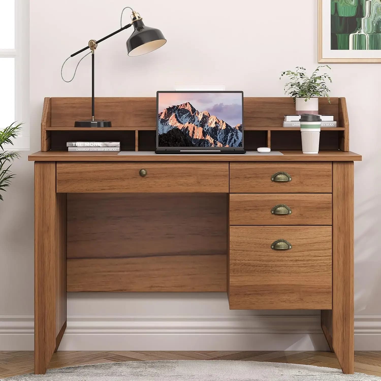 Small Wooden Desk with Holder for Monitor and Paper Holder, Bedroom Writing Table, Walnut, Customizable