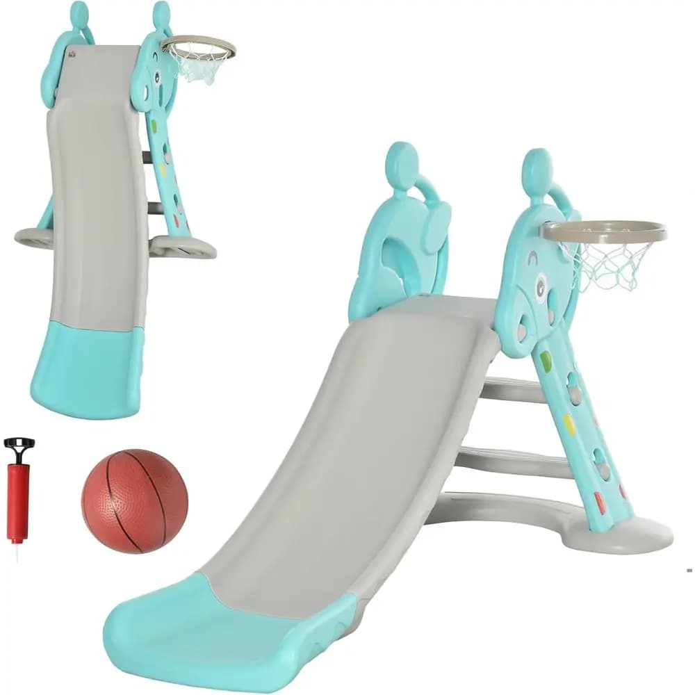 Scivolo con canestro da basket per bambini, set da gioco a forma di cervo per bambini dai 18 mesi ai 4 anni, con pallone da basket e pompa - Blu