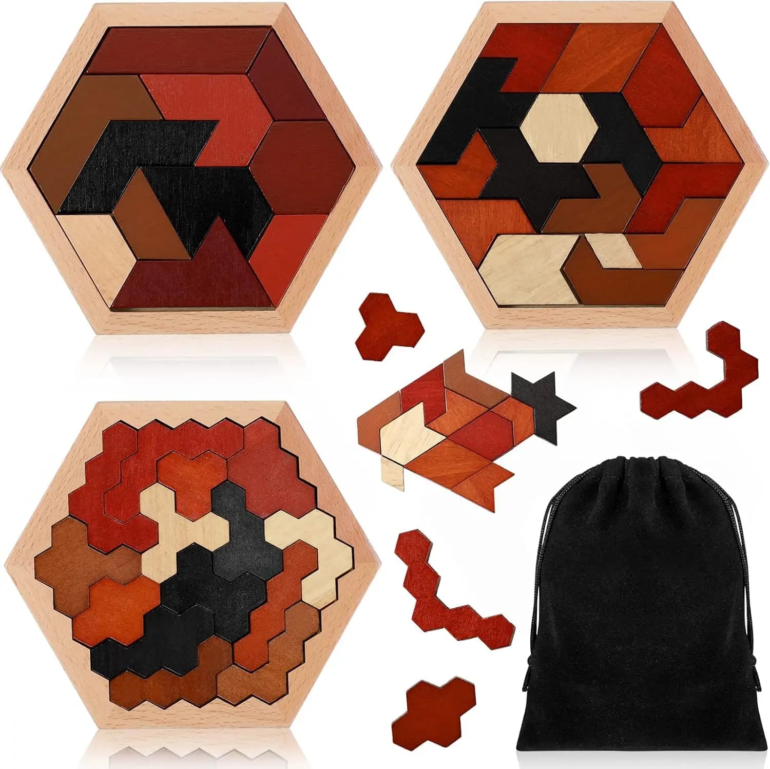Grande Puzzle Esagonale Tangram in Legno, Rompicapo per Adulti, Regalo per la Famiglia, Sfida Logica IQ STEM