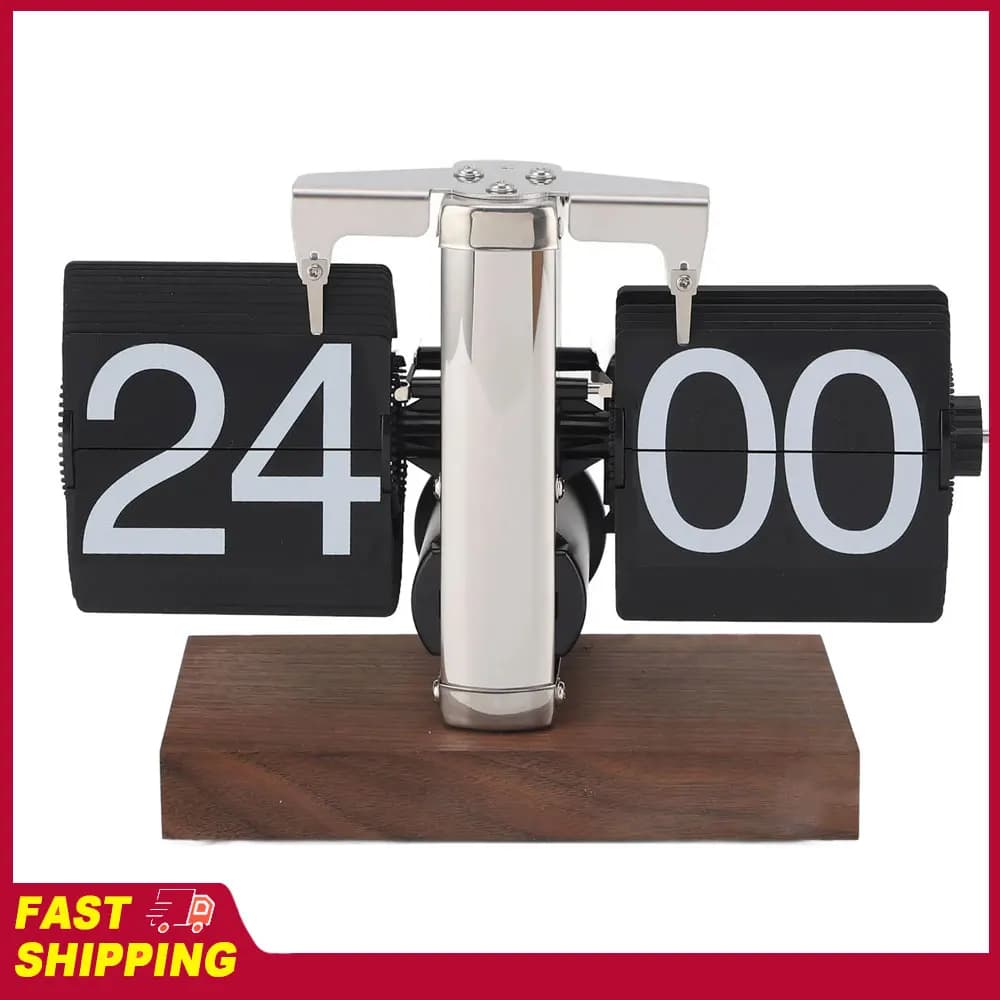 Orologio da Tavolo a Flip Automatico Meccanico 24H con Base in Legno e Acciaio Inossidabile, Stile Vintage Retrò per Casa e Ufficio