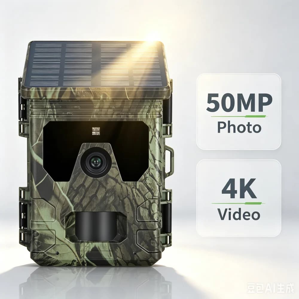 50MP 4K Hunting Camera with Solar Panel, Night Vision in Infrareds, Wildlife Monitoring, Video Recorder and Photos