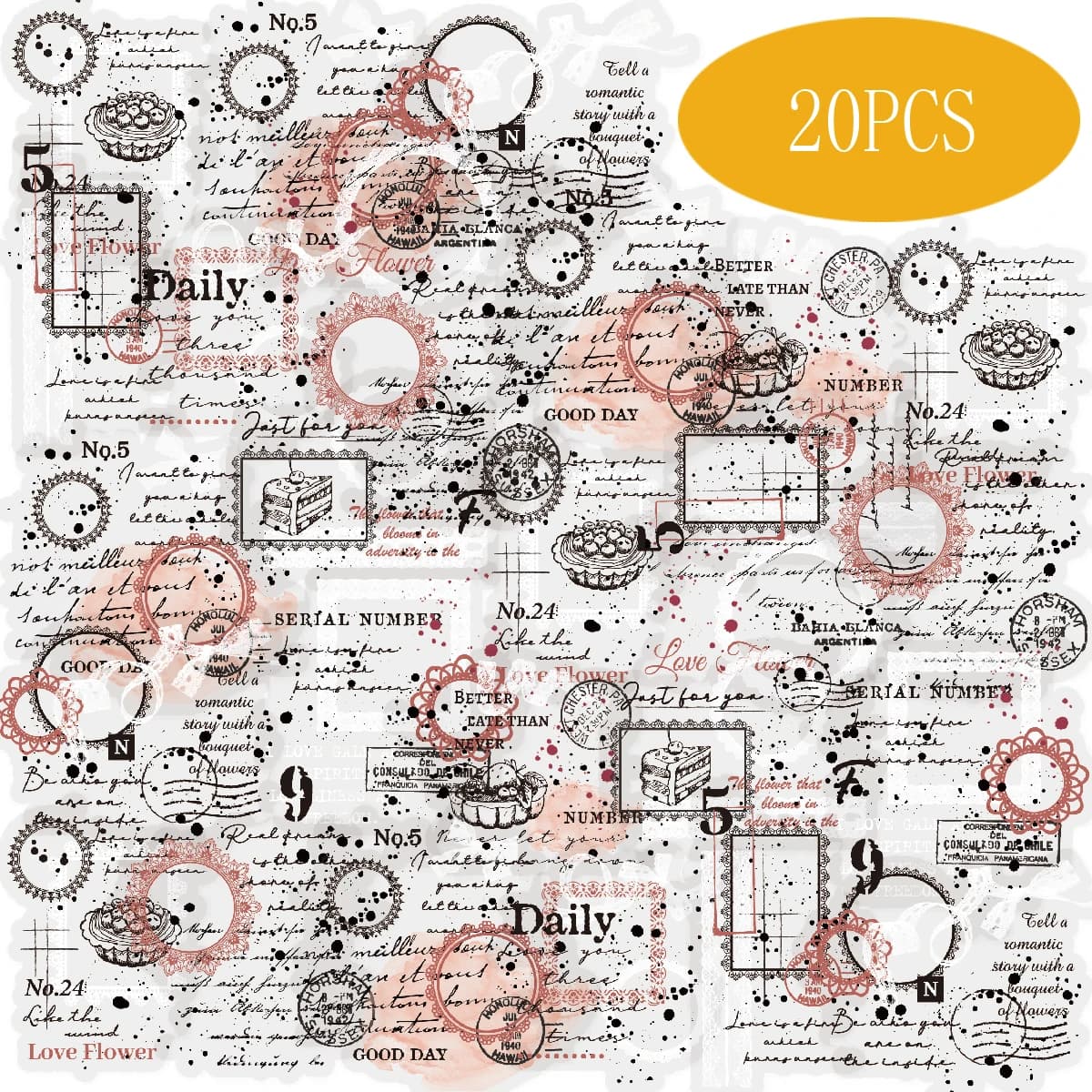 Etori Life Lace Trim 20 pezzi di adesivi vintage dolci per un'atmosfera rilassante, adatti per decorare quaderni, adesivi per telefoni, valigie, album fotografici, decorazioni per la stanza, forniture per scrapbooking, artigianato fai-da-te, sacchetti regalo per studenti, feste artistiche, forniture scolastiche, adesivi per cancelleria per bambini