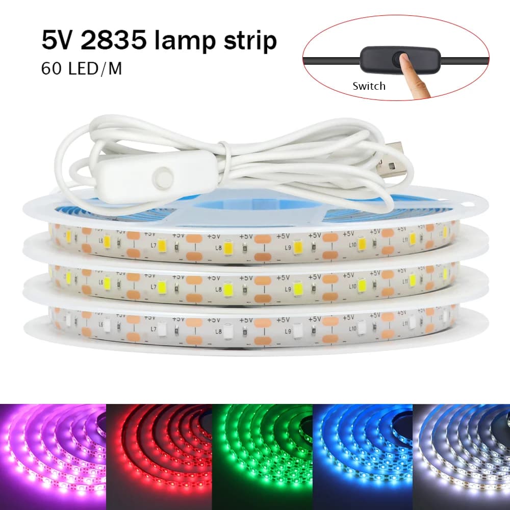 Striscia LED 5V 2835 USB 60 LED / m Nastro flessibile Fita LED con interruttore Luci LED impermeabili bianche calde per l'arredamento della camera