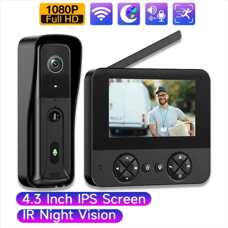 Campanello senza fili Telecamera per porta e schermo 4.3 IPS Citofono Video Spioncino Rilevazione movimento Sveglia con un tasto Visione notturna Campanello per porta