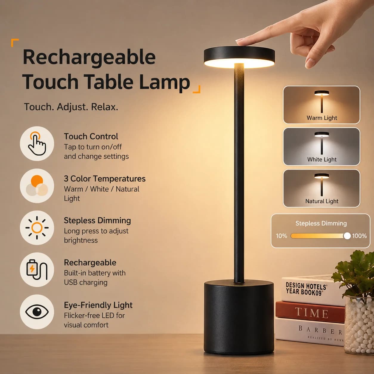 Creative Ambient Light Metal Table Lamp Bar Outdoor Decoration Simple LED Rechargeable Touch Three Colors Bedside Night Light