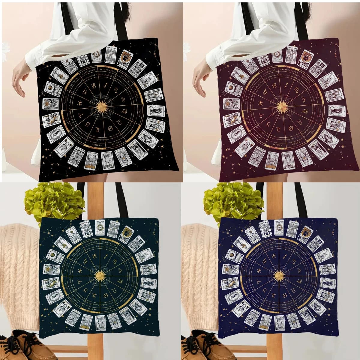 1pc Eco Riutilizzabile Shopping Bag Tarocchi Stampa artistica Totes Borse a tracolla da donna 12 Zodiaco Gioco di carte Modello a tema Borsa casual 5.13