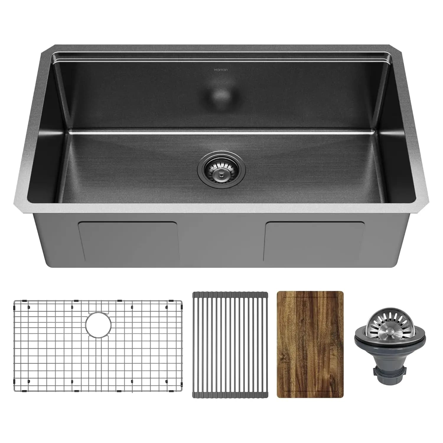 Lavello da Incasso Workstation 32 Pollici, Acciaio Inox Calibro 16 Grigio Antracite, Vasca Singola, Nano PVD, Griglia, Tappetino Arrotolabile, Scolapiatti, Personalizzato