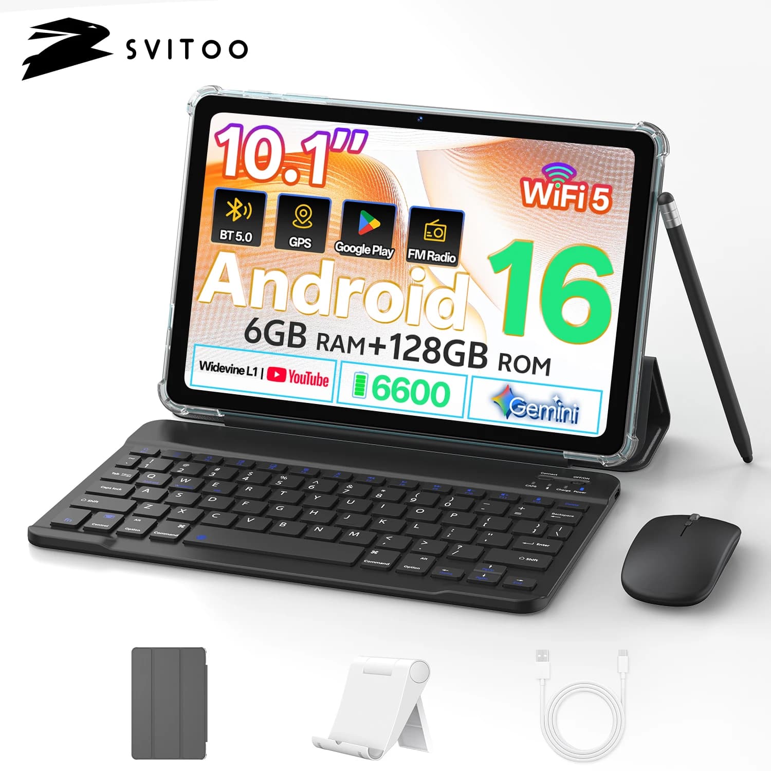 SVITOO Tablet 2026 Android 15 10.1 Inch HD IPS Screen Unisoc T310 Quad-Core Processor 6GB Physical RAM + 18GB Virtual RAM 128GB ROM 1TB Expandable 6600mAh Battery 2.4GHz 5GHz WiFi 5 Bluetooth 5.0 GPS Widevine L1 With Case Keyboard Mouse Stylus Stand