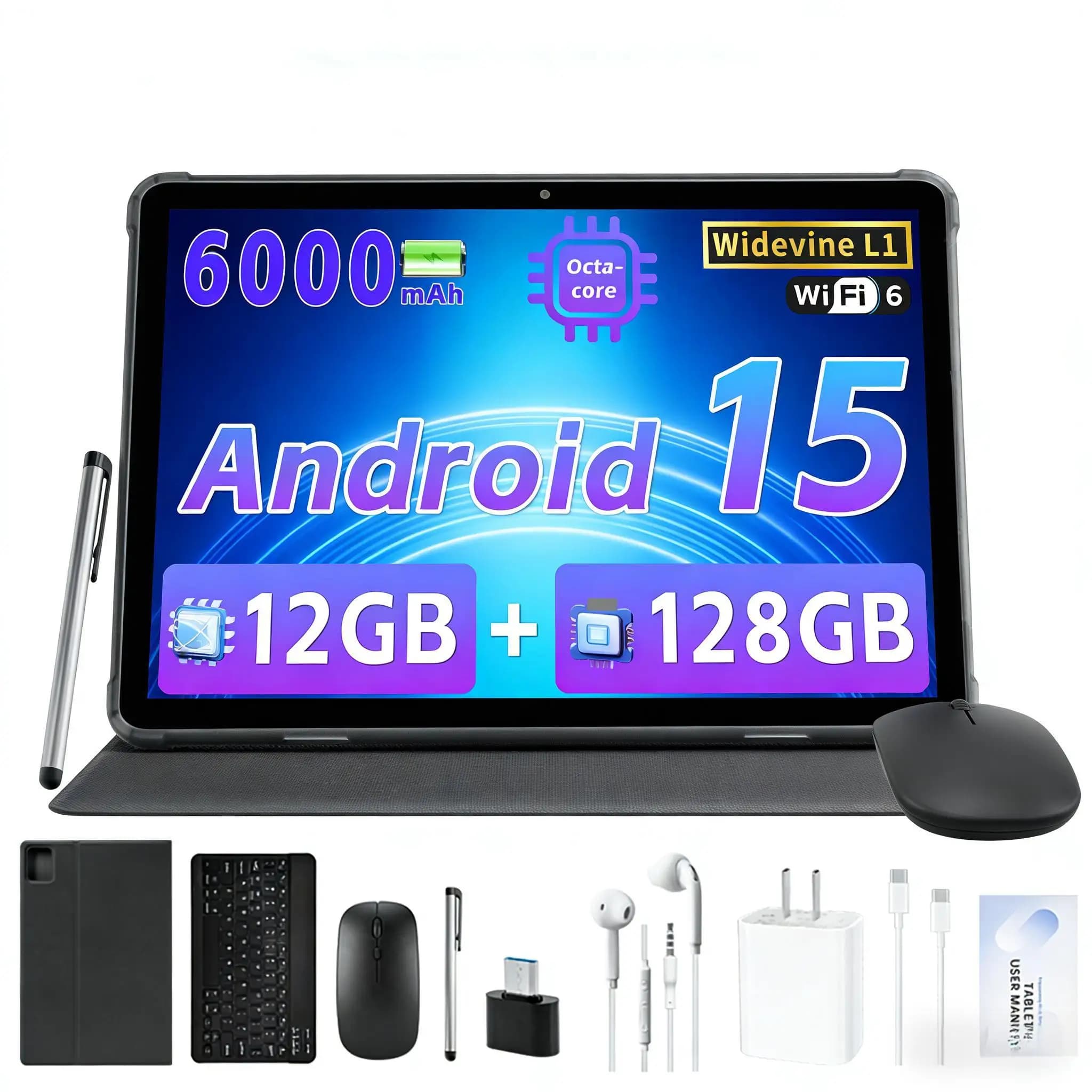 ANRY Tablet Android da 10.1 Pollici con Display HD, 12GB RAM, 128GB ROM, Batteria da 6000mAh, WiFi 5G, Bluetooth, Doppia Fotocamera per Studio e Intrattenimento