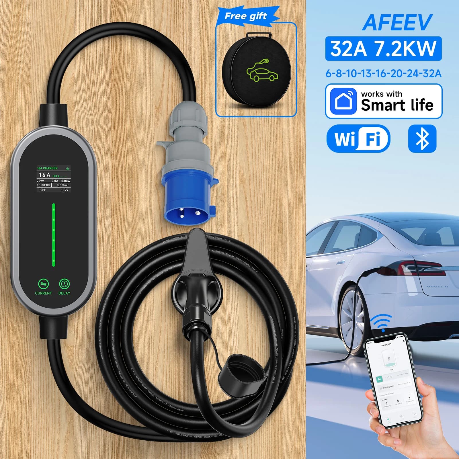 AFEEV 7.2KW 32A Portable EV Charger - Type 2/Type 1 GB/T CEE Plug WiFi/Bluetooth APP Control Wallbox Design