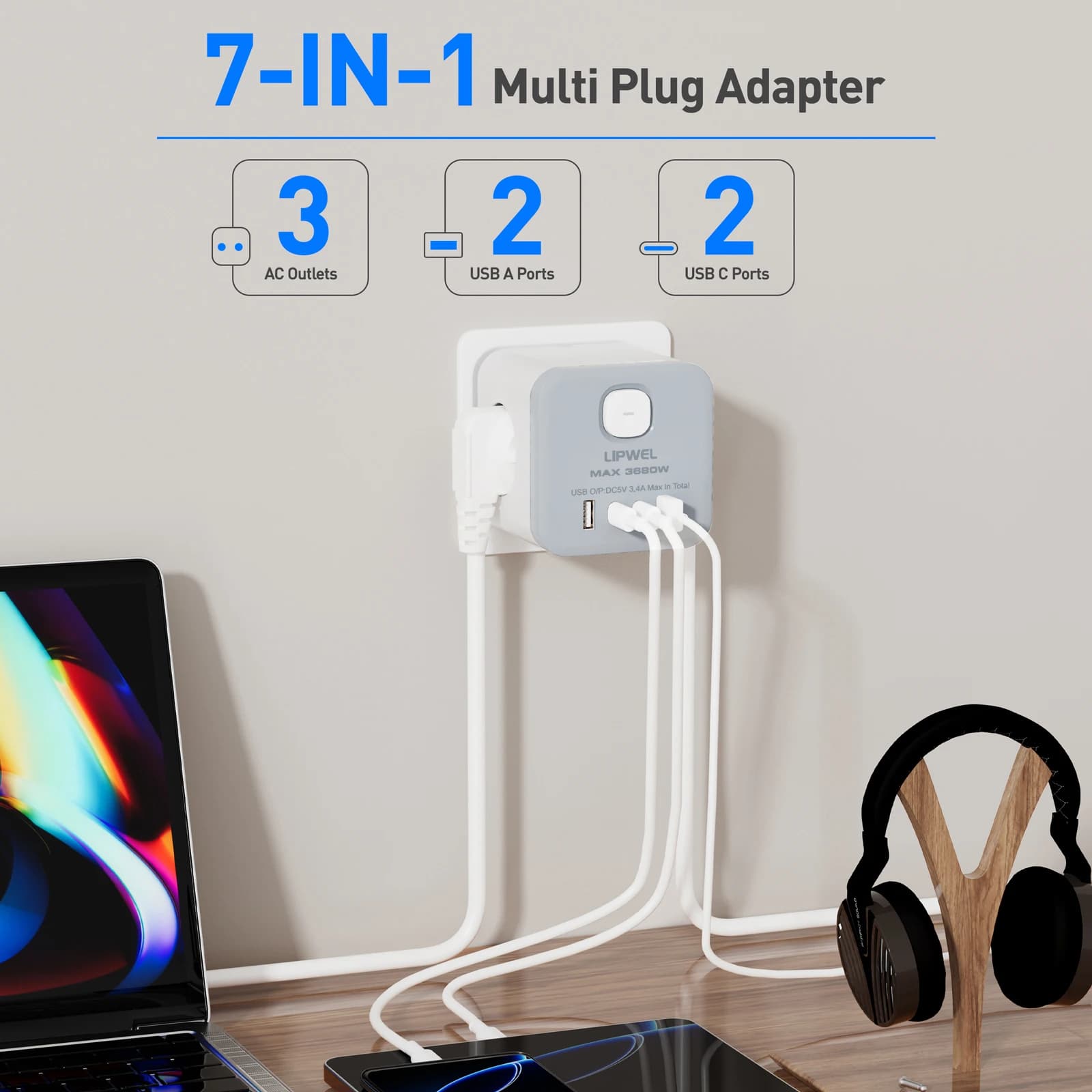 Prolunga presa a muro multipla con interruttore 3 prese 4 porte USB Adattatore di alimentazione multipresa cubo portatile Tipo C Carica in viaggio