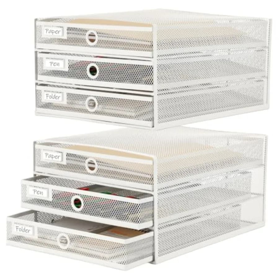 Organizer da Scrivania con Cassetto, Vassoio Portaoggetti in Rete Metallica, Classificatore Multifunzionale per Documenti, Porta Fogli per Casa e Ufficio, Taglia L