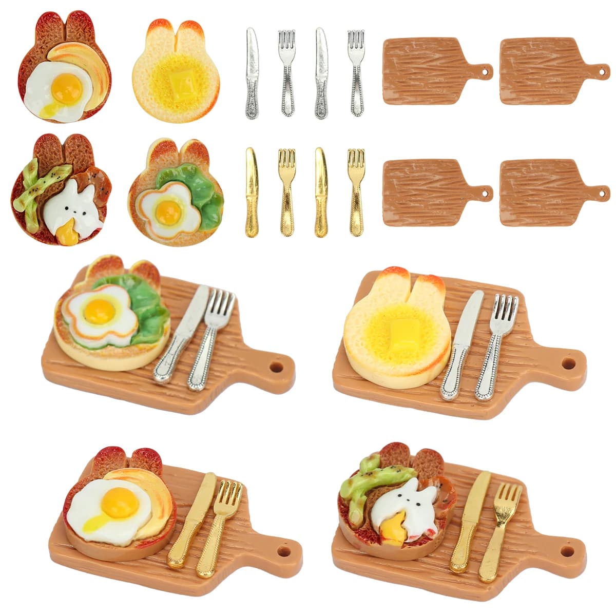 16 pz Simulazione Cibo Gioca Coniglio Formaggio Uovo Fritto Vassoio Per Toast Mini Coltello E Forchetta Set Scena In Miniatura Decorazione Della Casa di Bambola