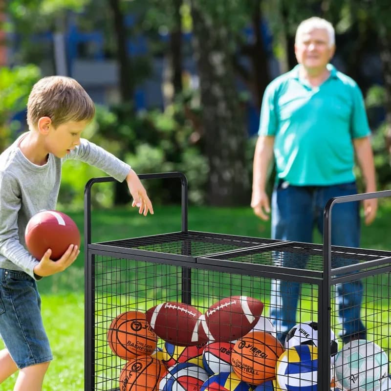 Carrello Porta Palloni Sportivi con Ruote, Gabbia per Palloni da Basket con Doppio Coperchio Bloccabile, Organizzatore per Attrezzature Sportive per Interni ed Esterni