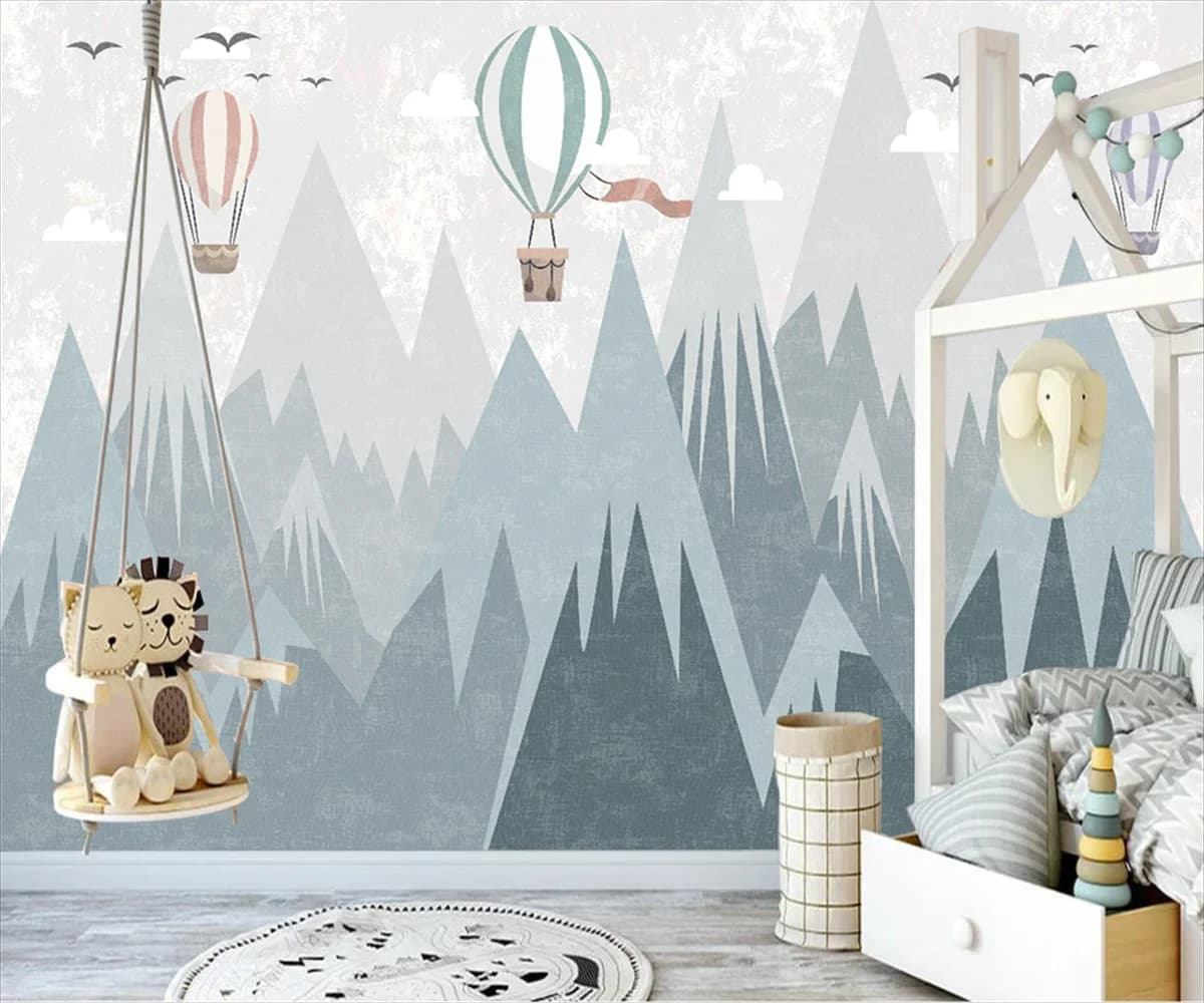 Carta da parati di dimensioni personalizzate Carta da parati moderna con montagna geometrica e mongolfiera, decorazione da parete per la cameretta dei bambini, carta da parati 3D