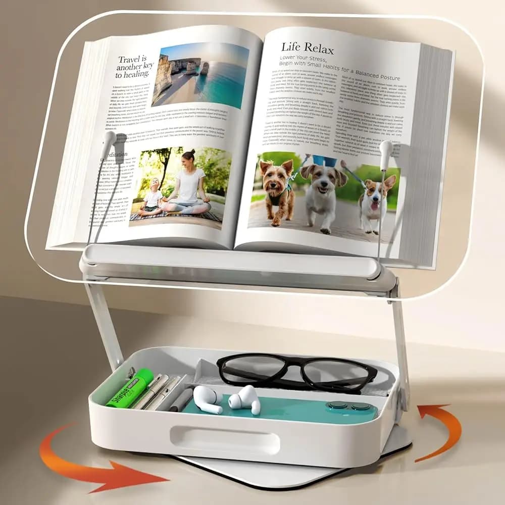 Espositore per libri in acrilico con vano portaoggetti, 360 ° Supporto Girevole e Pieghevole Regolabile con Ampia Capacità di Archiviazione per Lettura e Tablet