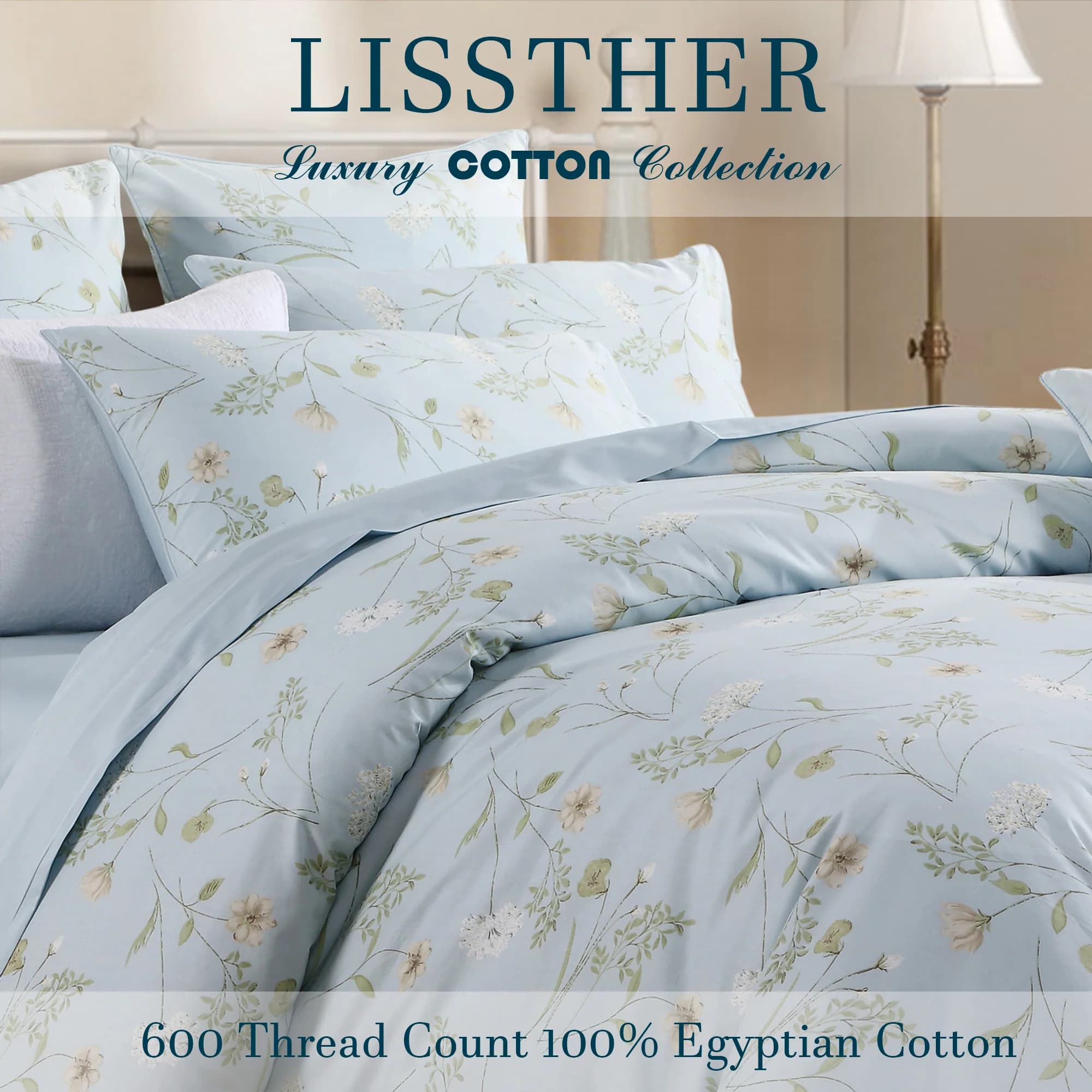 Set copripiumino in cotone egiziano 3 pezzi 600TC 100%, floreale shabby chic azzurro, delicato sulla pelle (senza inserti)