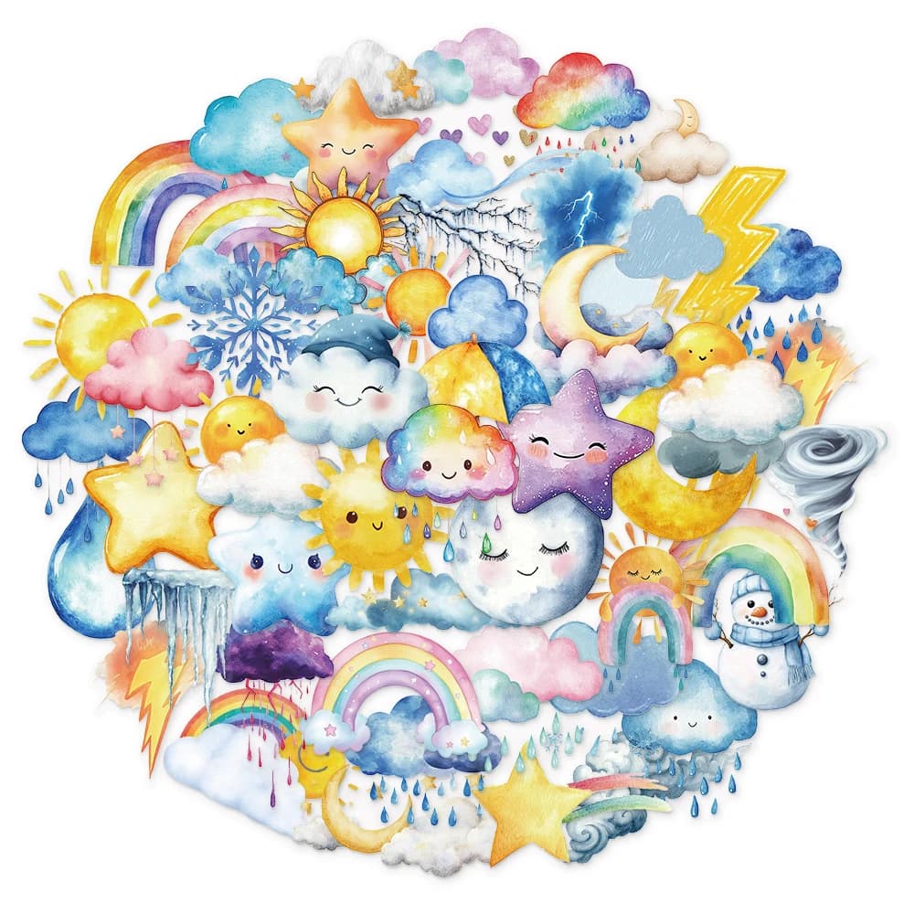 50PCS Watercolor Weather Ins Style Fun Stickers DIY Phone Case Notebook Water Cup Hand Account Decoration PET Stickers
