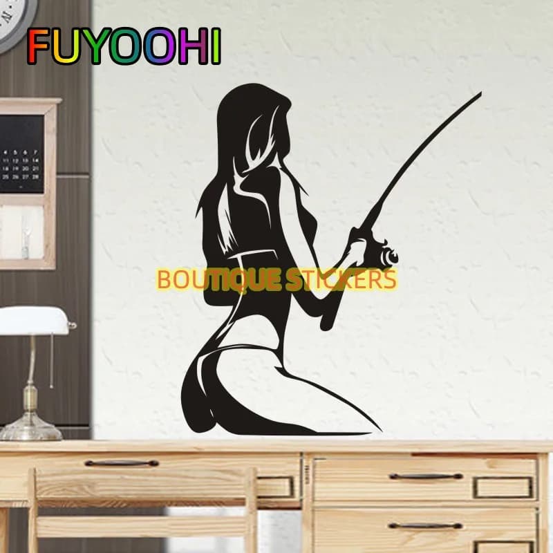 FuYOOHI Sticker Fun Vinyl for Cars, Boats, Boxes, Aquariums, Fishing Equipment Shops, with Sexy Girl Going to Fishing and Fishing Ami