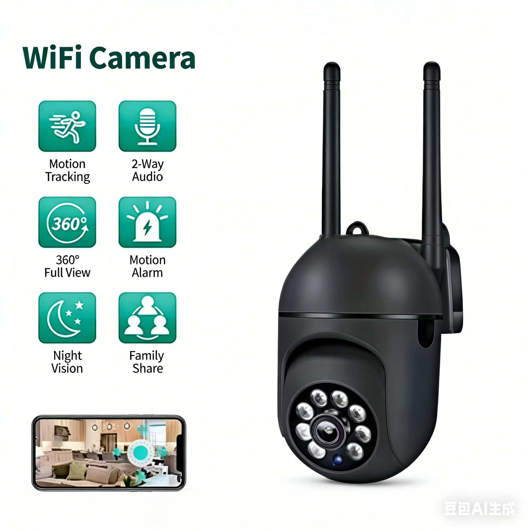 Telecamera di Sicurezza WiFi HD 355 ° Pan 90 ° Telecamera di Sorveglianza Wireless con Rilevamento del Movimento, Visione Notturna e Allarme Sonoro per Bambini e Animali Domestici