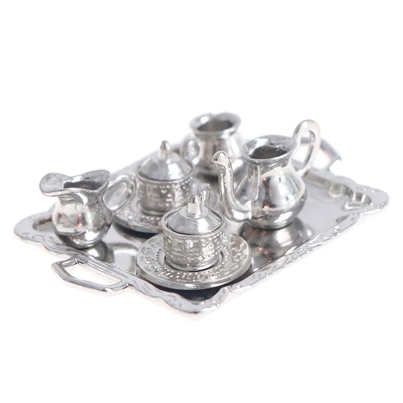 10 pz/set 1/12 casa delle bambole in miniatura argento metallo tè vassoio caffè modello cucina set di stoviglie per la casa delle bambole decor giocattoli per bambini regalo