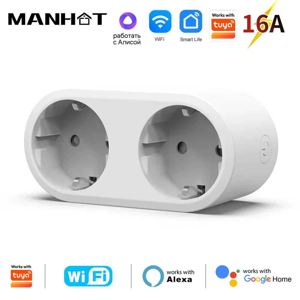 Tuya WIFI smart EU Electric Double Plug 2 in 1 European Standard socket 16A 240V Travel Power Adapter Taken Conversion Adapter