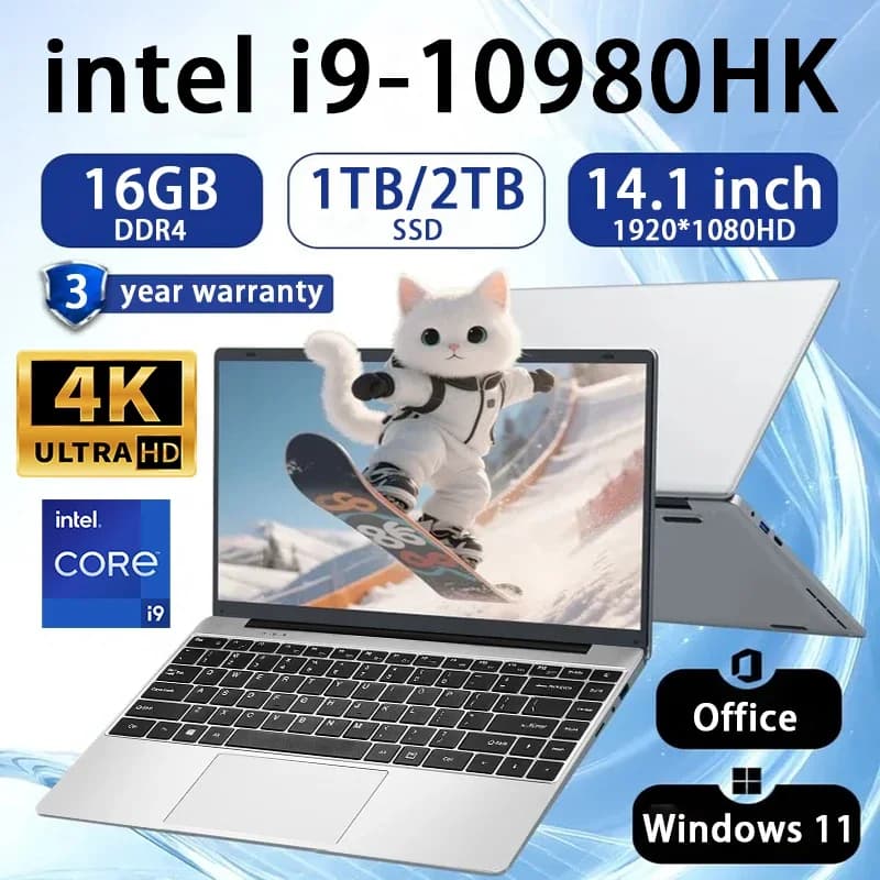 NEW Laptop Intel Core i9 10980HK 14.1 Inch 16GB RAM 2TB SSD Portable for Gaming Windows 11 Pro Office PC Notebook