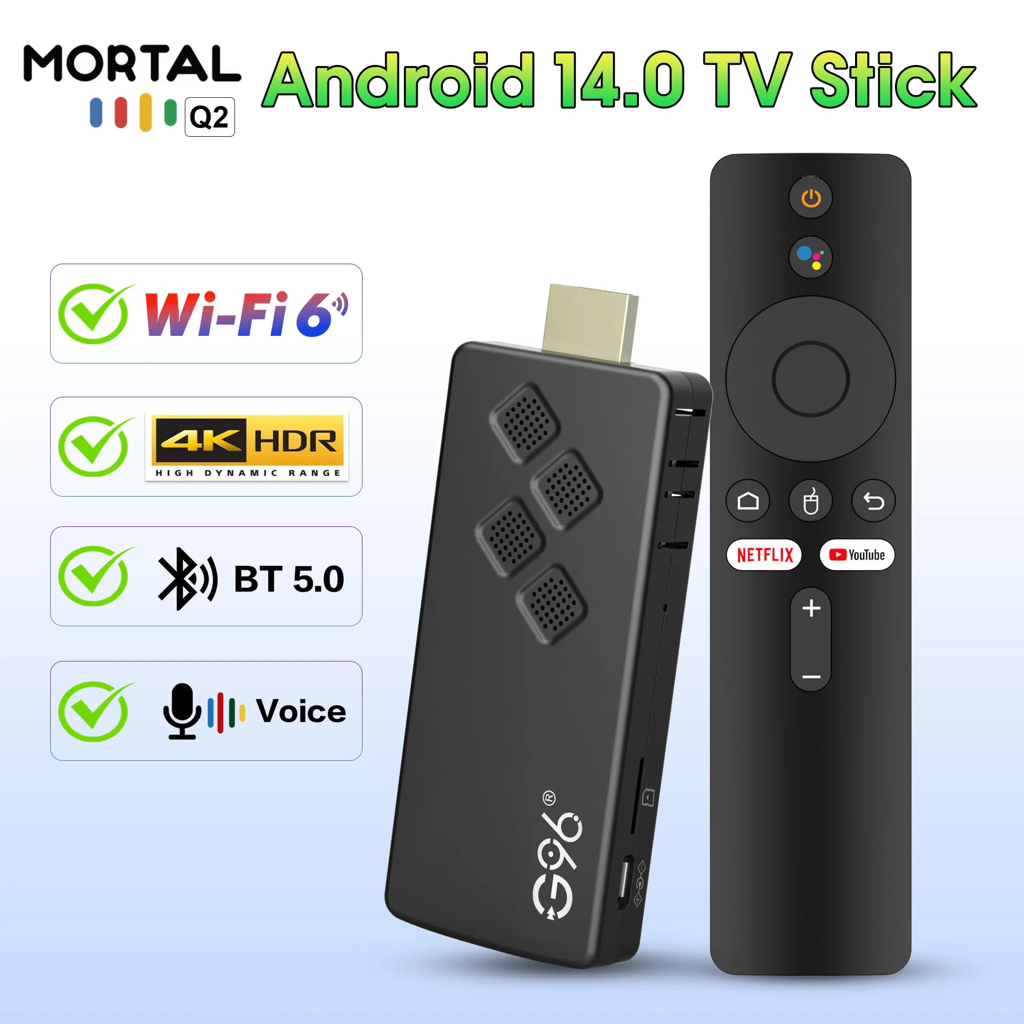 Nuovo Q2 Smart TV Stick ad Alte Prestazioni, Android 14.0, 4K Ultra HD, Dual Wifi 6, Bluetooth 5.0, Lettore Multimediale Streaming Multilingue