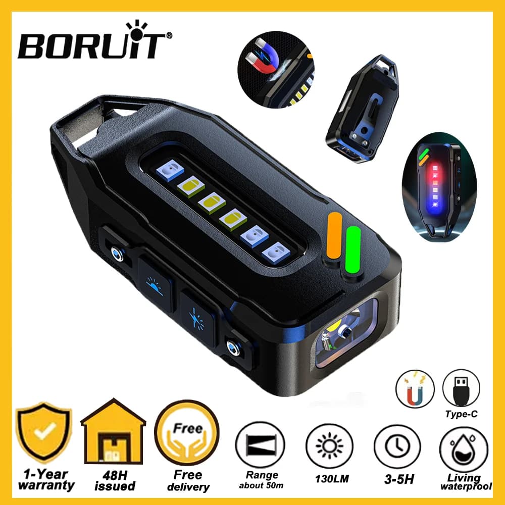 BORUiT Torcia LED COB Portachiavi, 9 Modalità, Luce Tascabile Ricaricabile Super Luminosa per Emergenze e Manutenzione all'Aperto