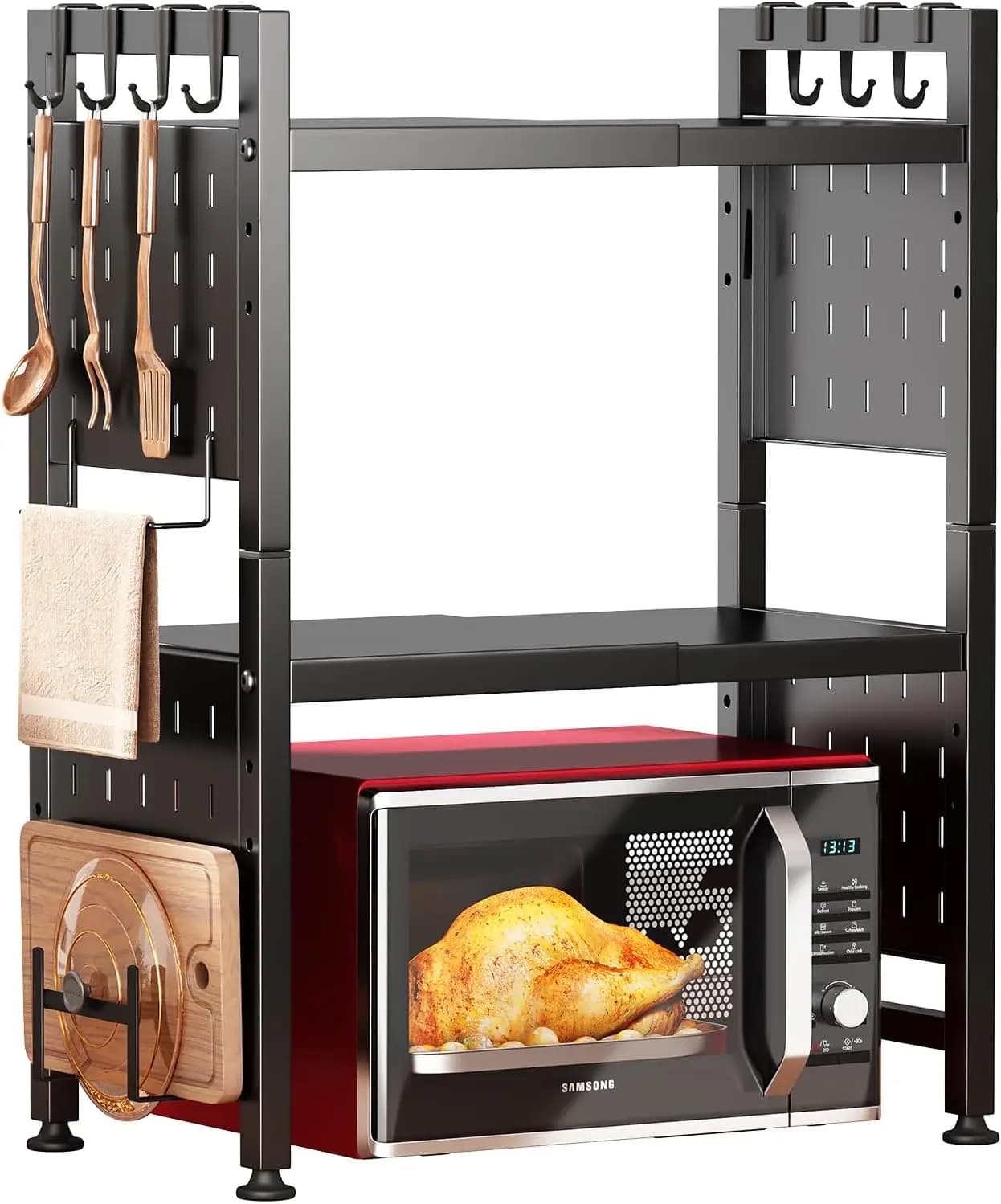 Supporto per microonde espandibile a 3 livelli, organizer da cucina con ripiani regolabili, ganci e porta tagliere, capacità di carico 180 libbre, nero