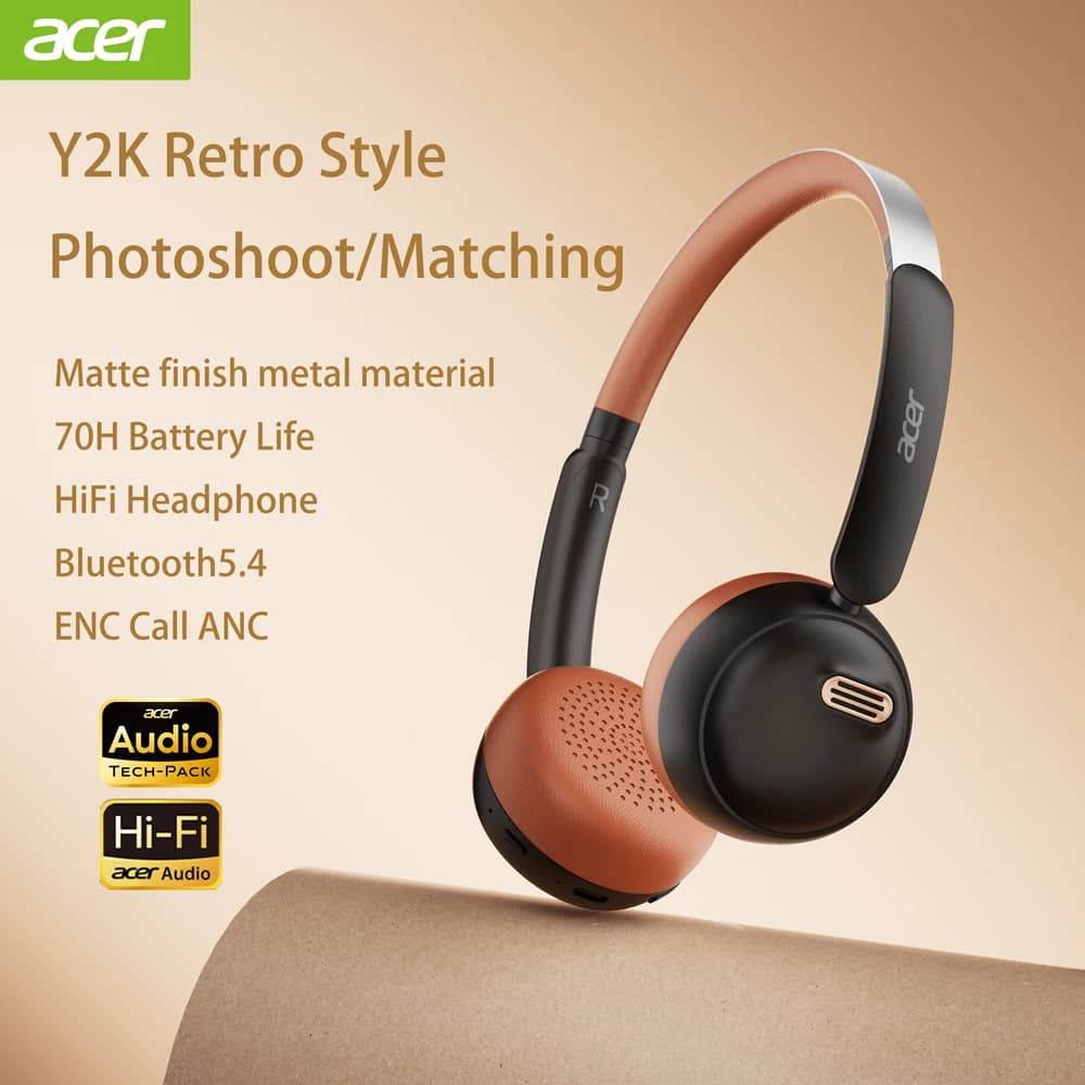 Acer Y2K Bluetooth Headphone -45dB BT-5.4 INS Retro Style Headsets 70H Playtime Over Ear Retro Ins Style Deck Earphones OHW111