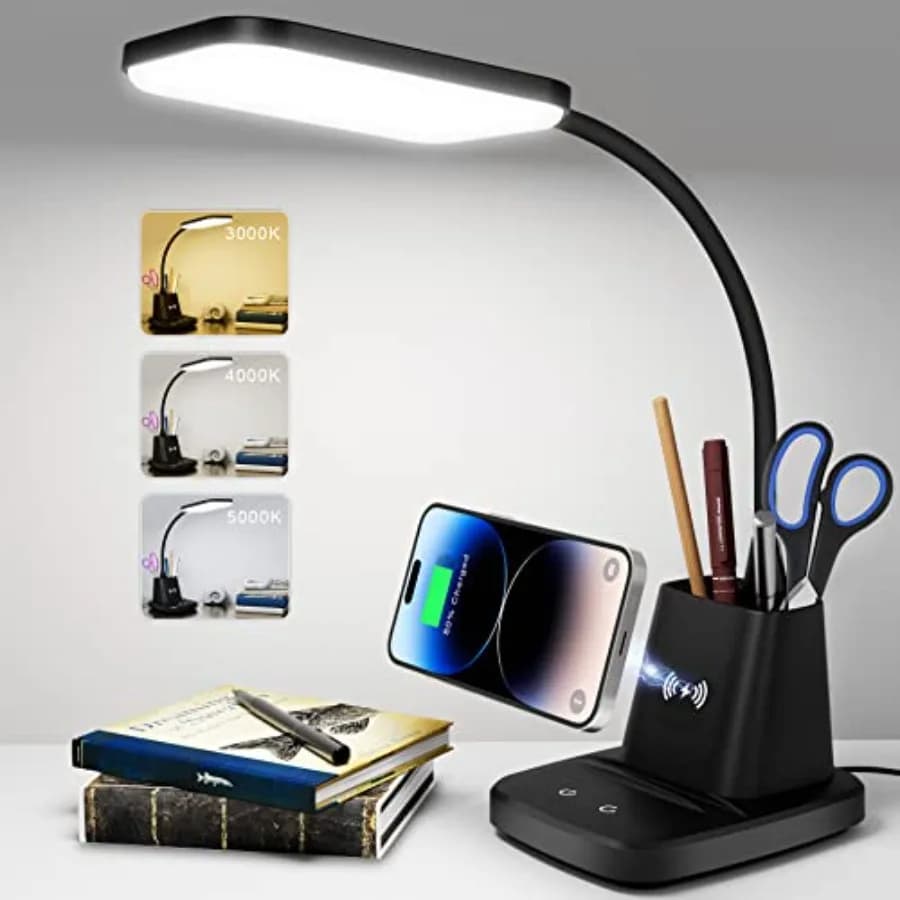 Lampada da Scrivania LED con Caricatore Wireless, Portapenne, 3 Modalità di Colore, Dimmerabile, CRI 85, 800LM S