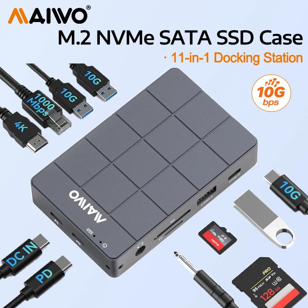 MAIWO 11 in 1 M.2 NVME SATA SSD Custodia 10 Gbps USB-C Docking Station HDMI PD 100 W 1000 Mbps Ethernet Lettore di schede SD/TF Hub USB C