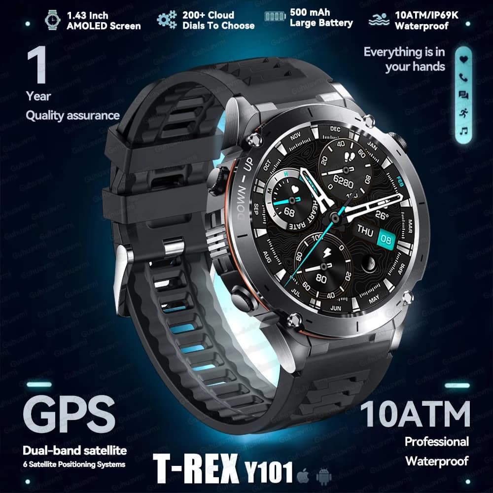 New T-Rex 3 Military GPS Smartwatch Ultra HD 1.43" AMOLED 10ATM Waterproof Built-in Dual-band GNSS Compass Sport Smart Watch Men