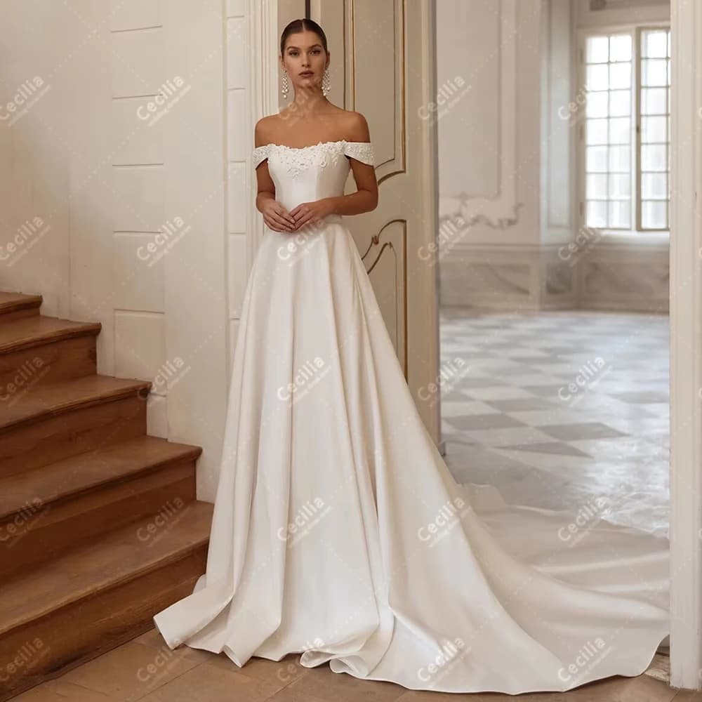 Charming Bridal Dresses Satin Bridal Dresses Lace Applications With Shoulders Discovery Dresses for Women Custom Wedding Dresses 2026