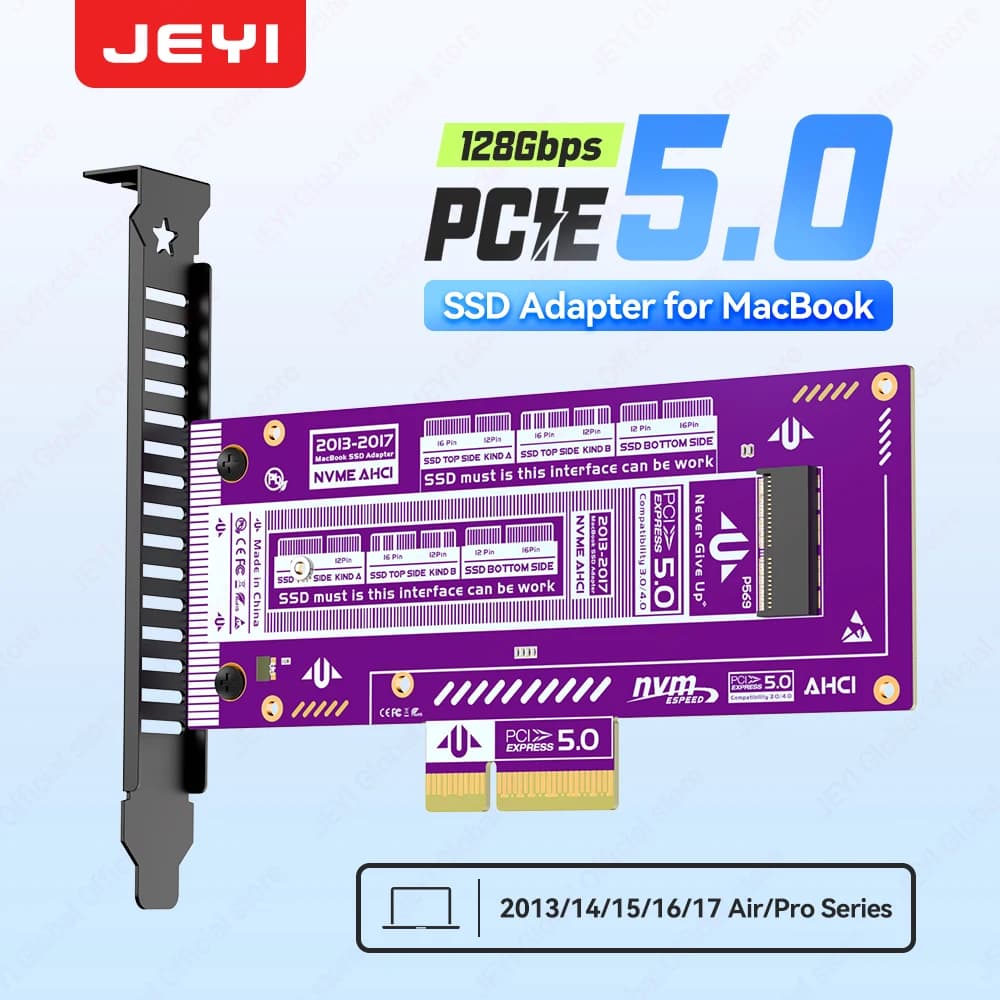 Adattatore JEYI PCIe 5.0 NVMe SSD per MacBook Air/Pro 2013-2017 Supporto velocità 128 Gbps, PCIe x4/x8/x16 compatibile AHCI