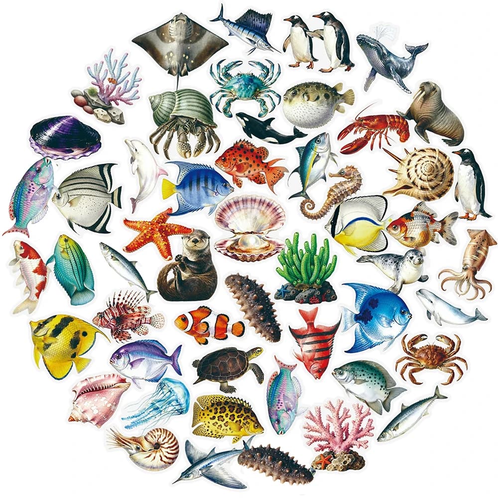 10/30/56 Pezzi Adesivi Trasparenti Realistici di Organismi Marini, Pesci, Granchi, Foca, Conchiglie, Decorazioni per Telefono, Quaderno e Cancelleria