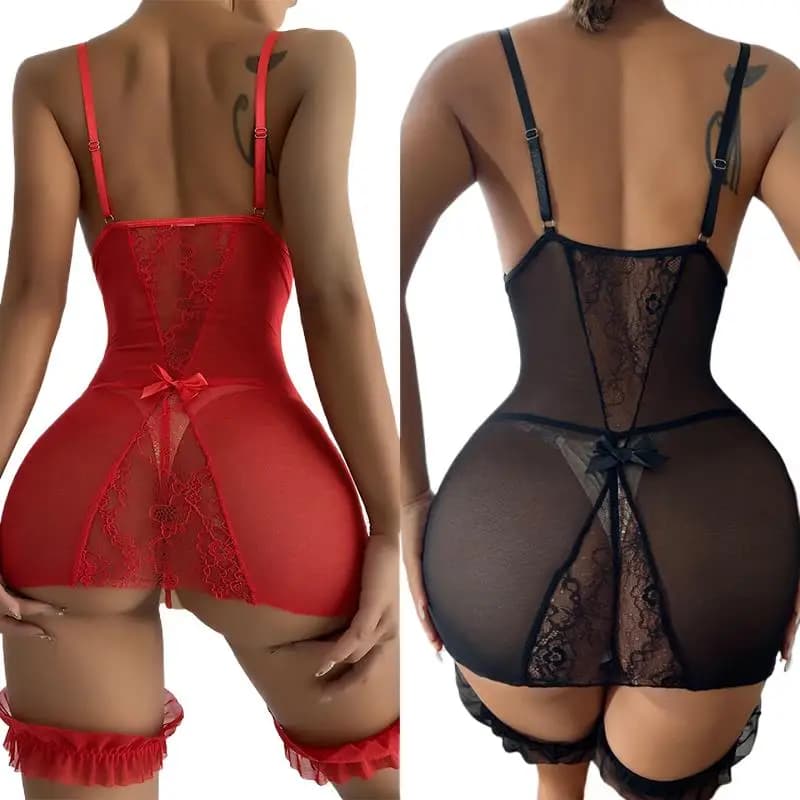 Transparent nightdress with V neckline and strap with headband Set Sexy women's shirts Sexy lingerie in red lace Babydoll Sexy dresses porn
