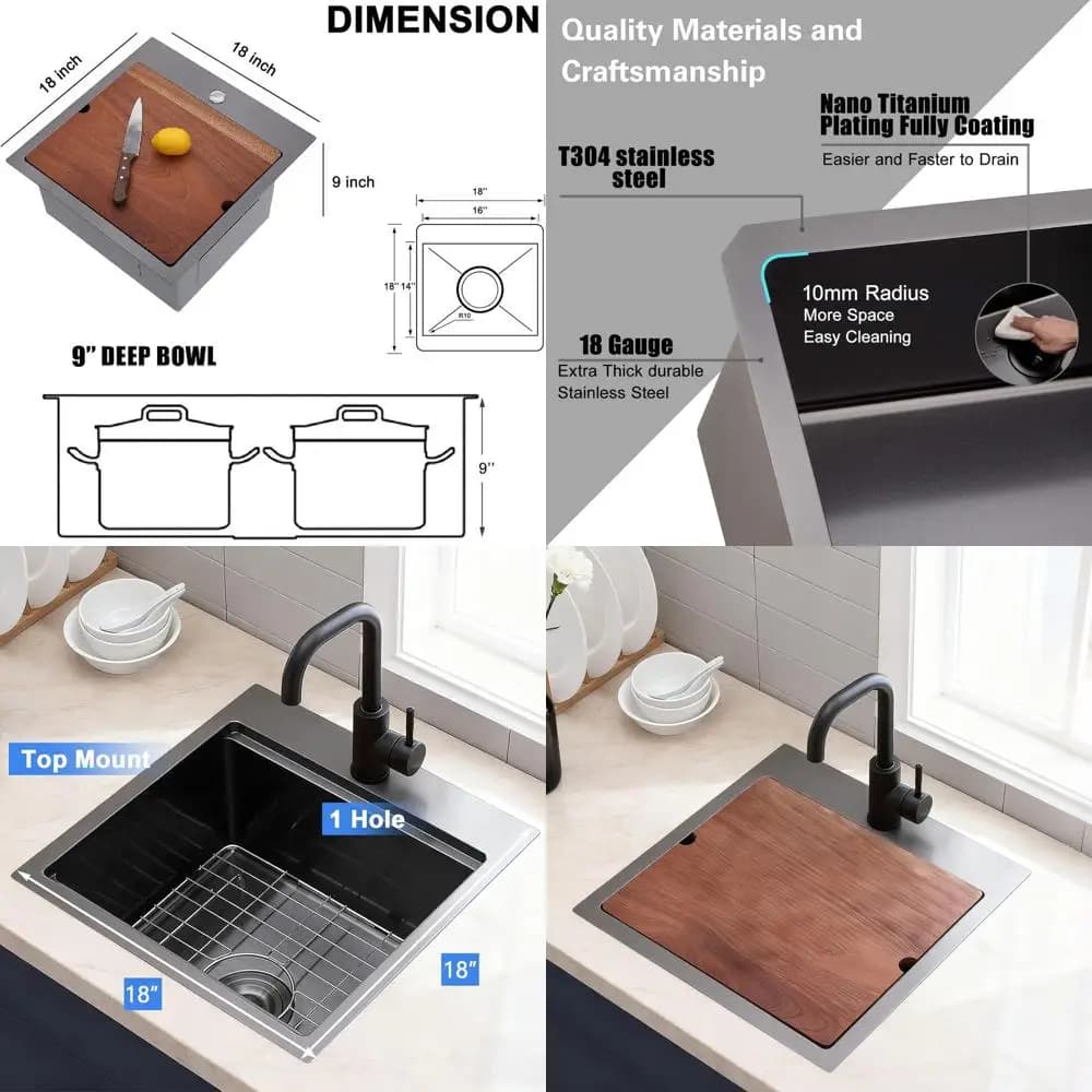 18x18 inch black recessed bar sink gun barrel, stainless steel workstation, 9 inch single deep bathtub kitchen sink with cutting board