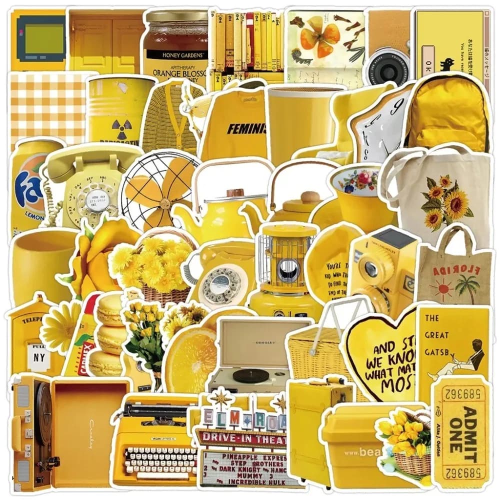 50 Adesivi Estetici Gialli Vintage - Decalcomanie a Tema Retrò per Laptop, Valigie e Decorazioni Fai-da-te Anime Worlds Store
