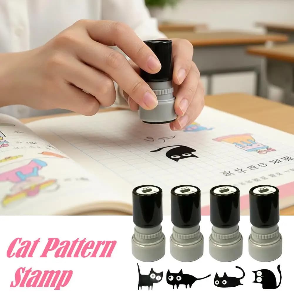 Set di Timbri Autoinchiostranti con Gatto Nero Cartoonesco, Design Divertente con Testa Inclinata, per Decorazione Fai-da-Te di Biglietti e Buste