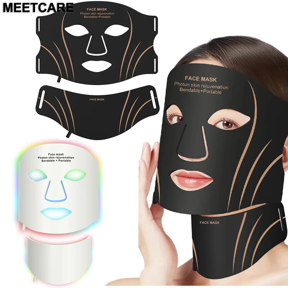 Maschera LED per Viso e Collo a 7 Colori, Set Elettrico in Silicone per Terapia Fotonica, Riparazione della Pelle, Controllo dell'Olio, Anti-Acne, Illuminante