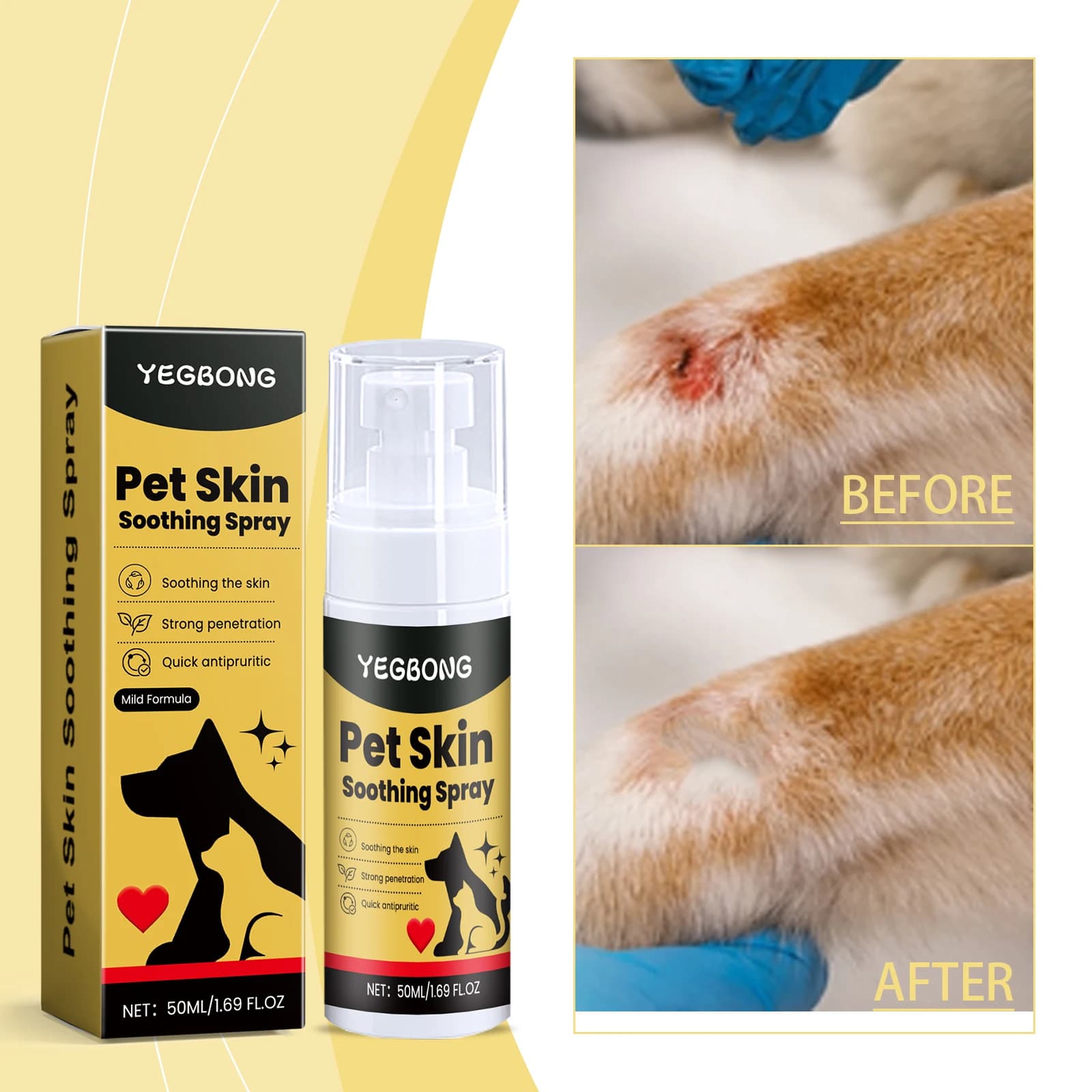 Yegbong Spray Lenitivo per Pelli di Animali Domestici, Sollievo dal Prurito, Essenza Erboristica, Non Irritante, Riparazione Cutanea, Spray per la Cura degli Animali, Pulizia della Pelle di Cani e Gatti