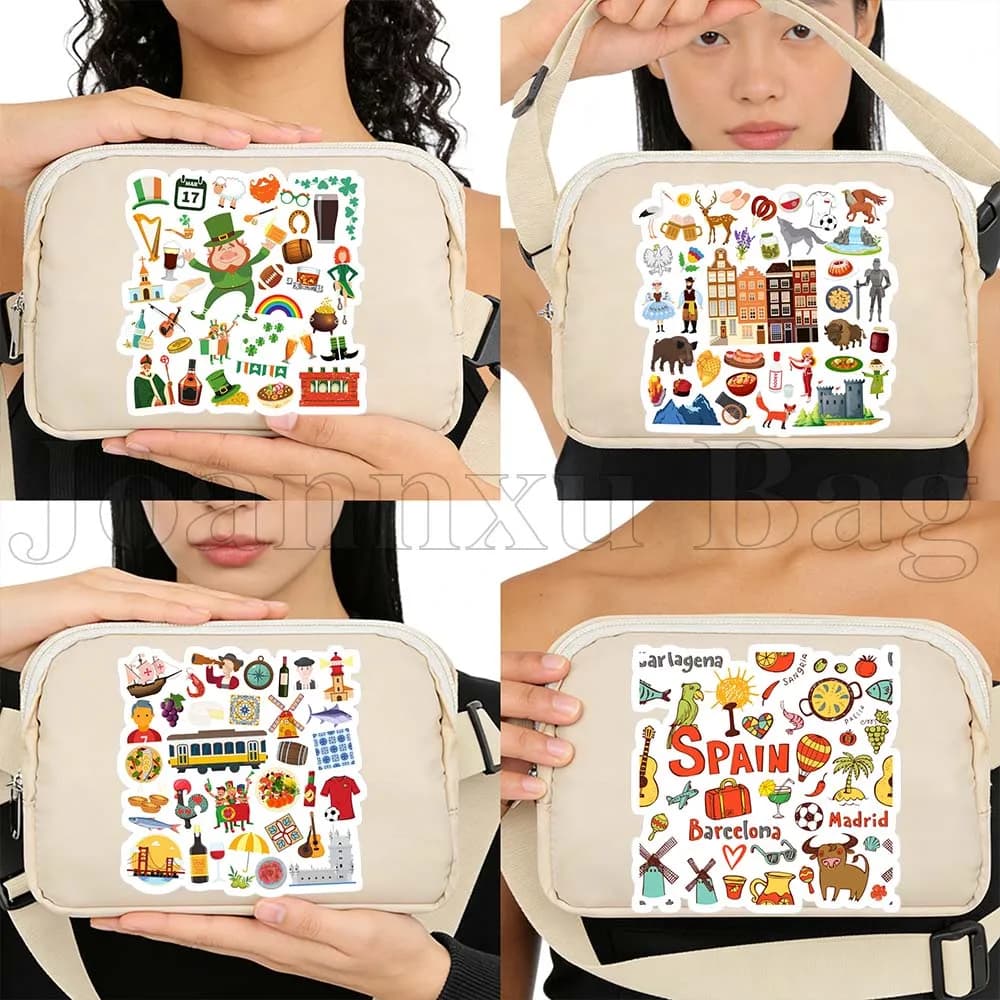 Travel bag with icons of Ireland, Austria, Poland, Portugal, racing pouch, wallet, phone case, cycling pouch