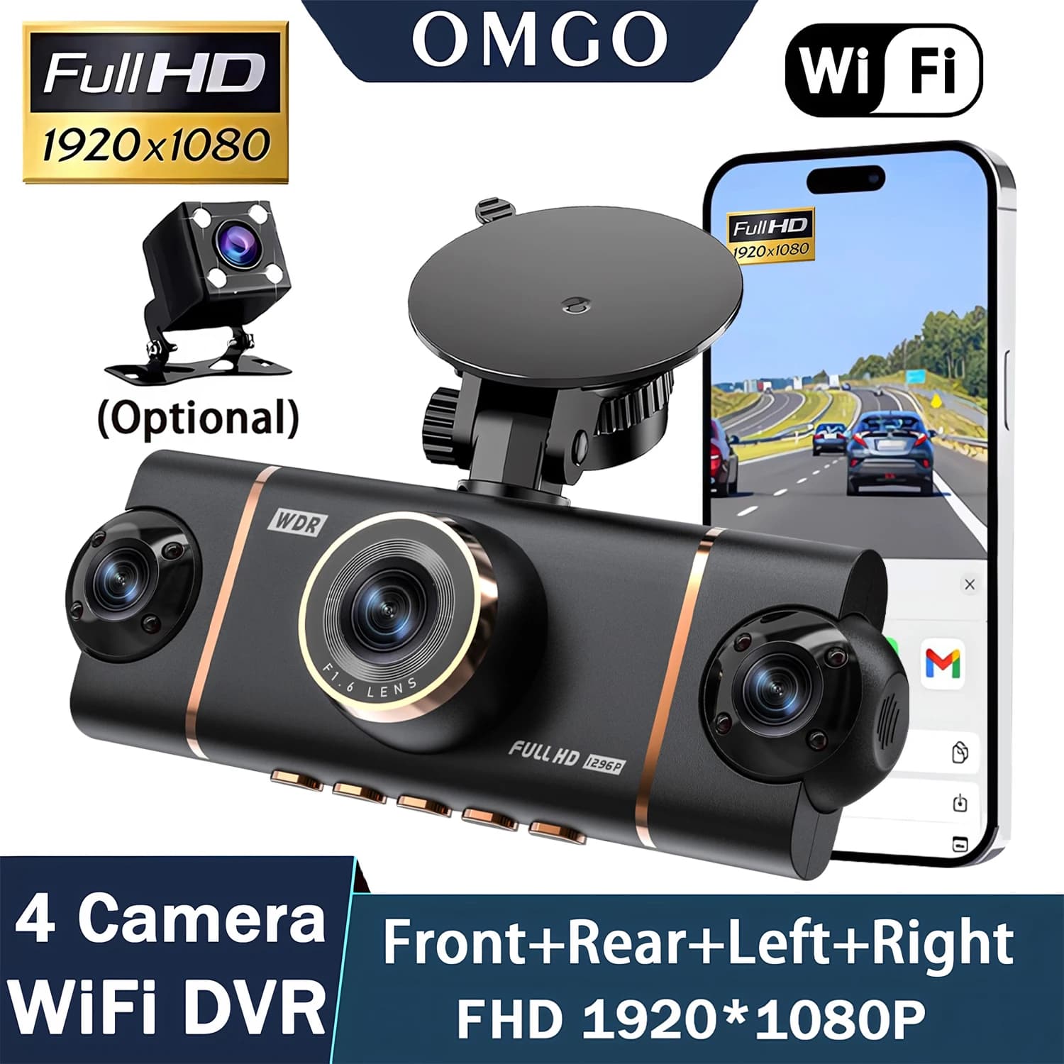 Dashcam a 4 canali con visione a 360 gradi per auto, WIFI, APP, DVR 1080P, 4 obiettivi, videoregistratore, telecamera posteriore per veicoli