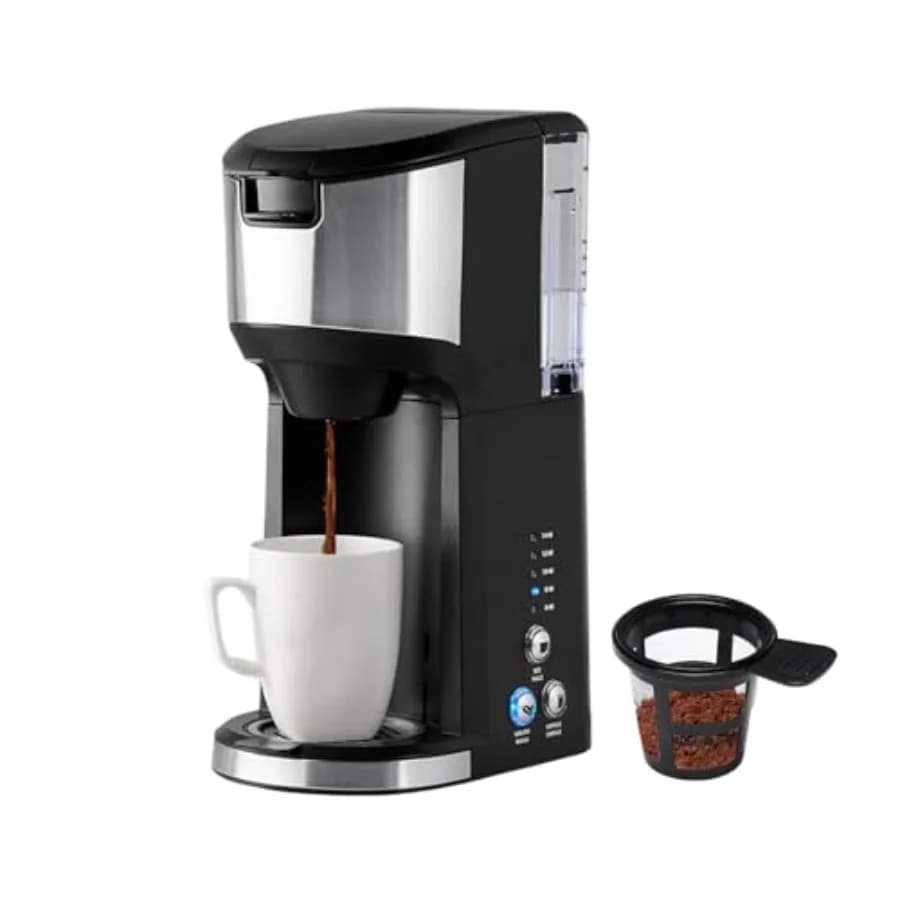 Macchina per caffè monodose per casa e ufficio, acciaio inossidabile, nera, design compatto con capacità di preparazione di 14 once e serbatoio acqua da 24 once