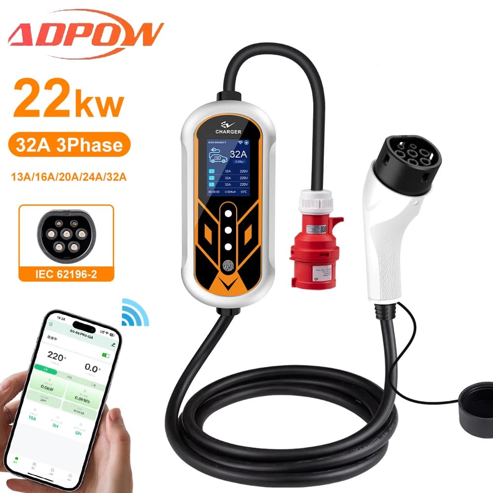 ADPOW Caricabatterie portatili 32A Type2 EV 3 fasi 22KW Rosso 5 pin Spina CEE Cavo 5M WIFI APP Controllo Accessori di ricarica per auto elettriche