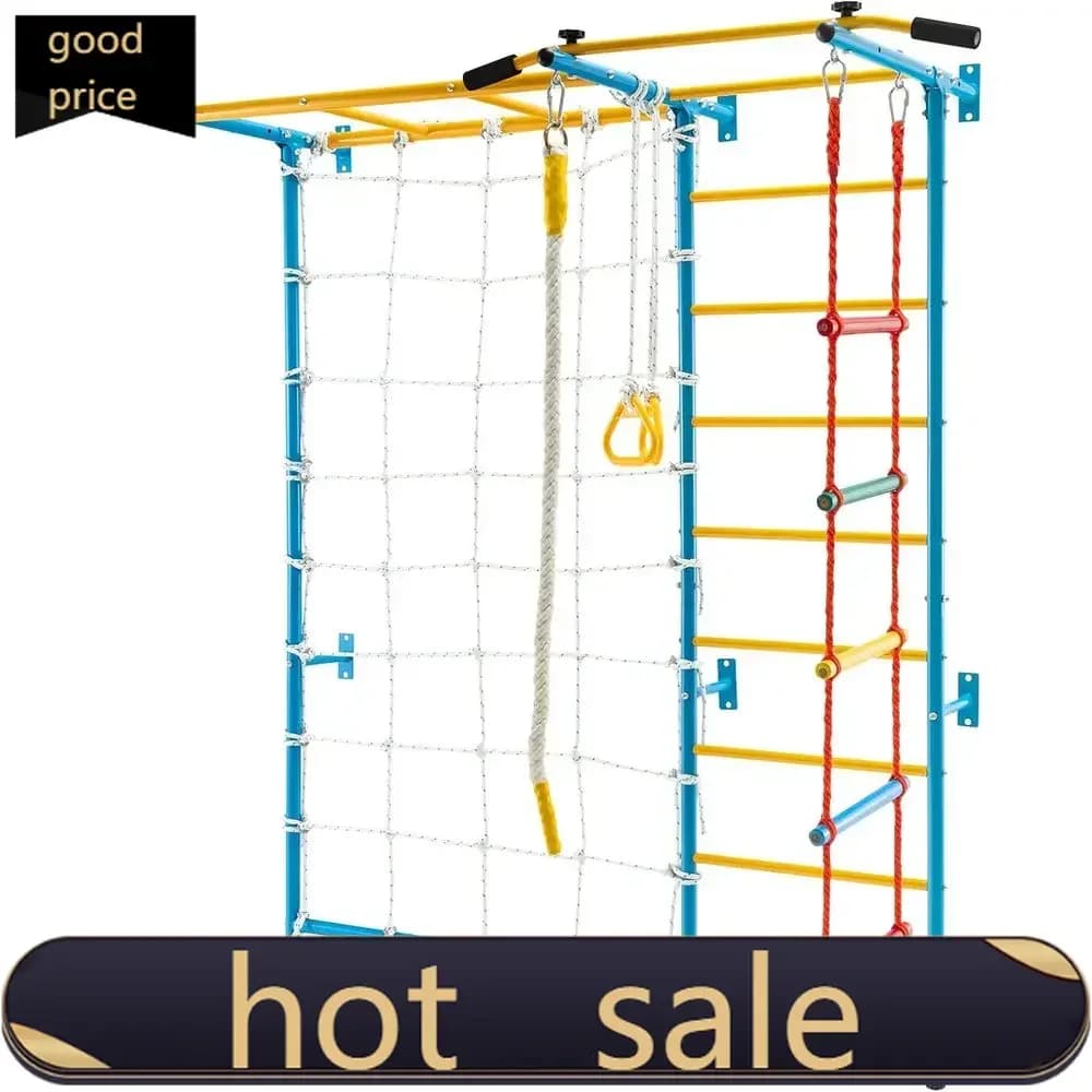 Indoor Climbing Wall Set for Kids: Staircase, Traction Bar, Corda, Rings and More - Promotional Price