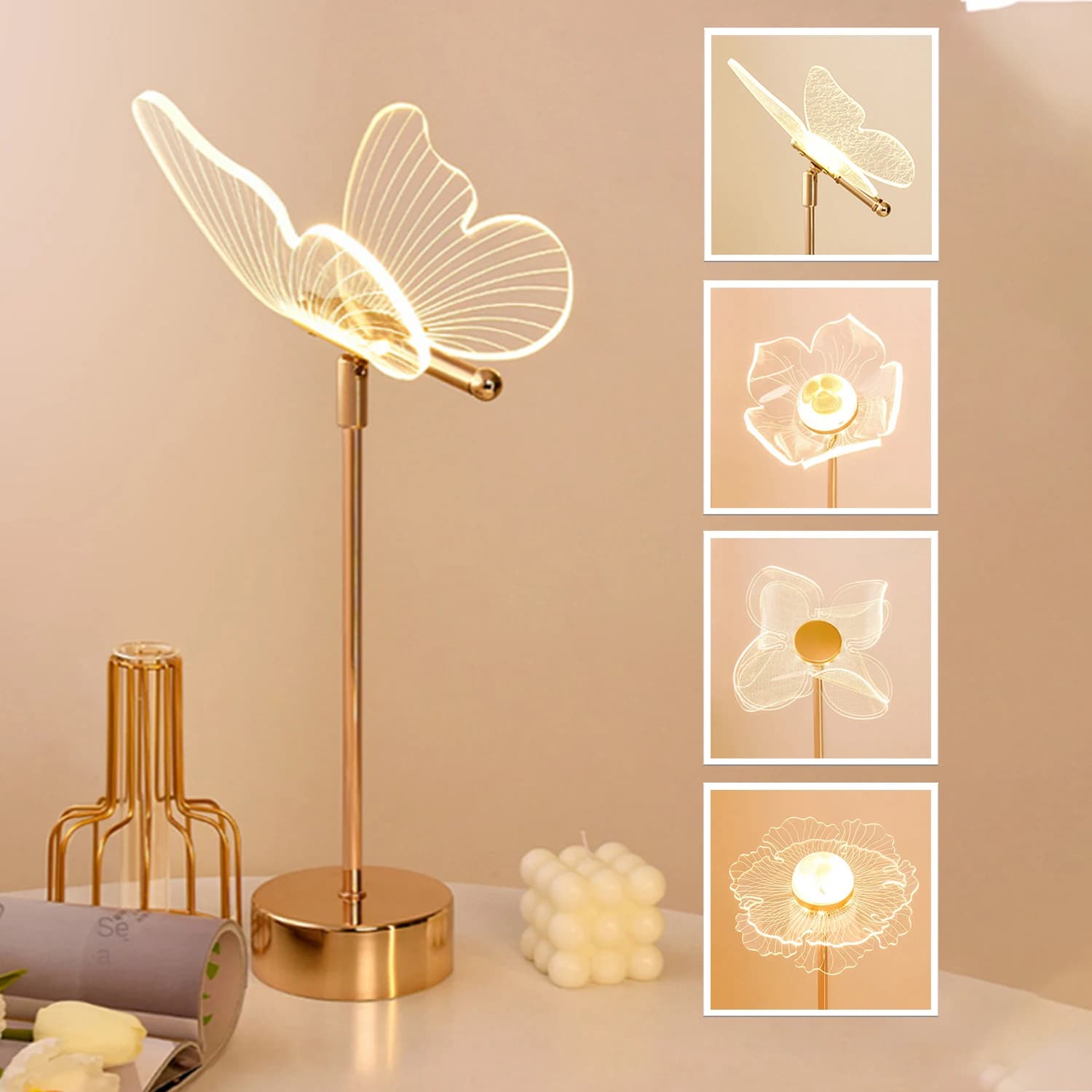 Lampada da tavolo Retro Oro Acrilico Farfalla Lampada da scrivania a LED Hotel Villa Art Decor Lampada da tavolo a LED Soggiorno Comodino Luci notturne a LED